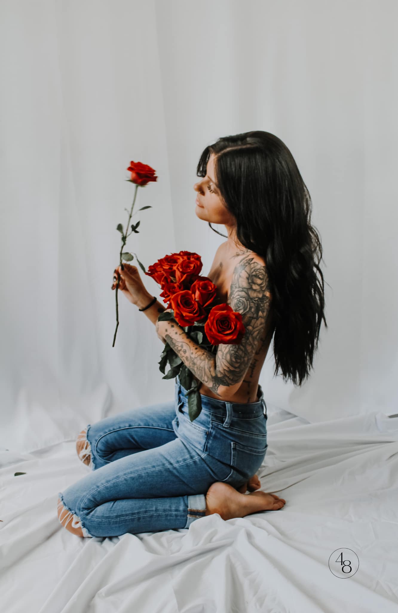 budoir photoshoot, solo portrait, budoir portrait, flower budoir prop, budoir pictures with rose flower props