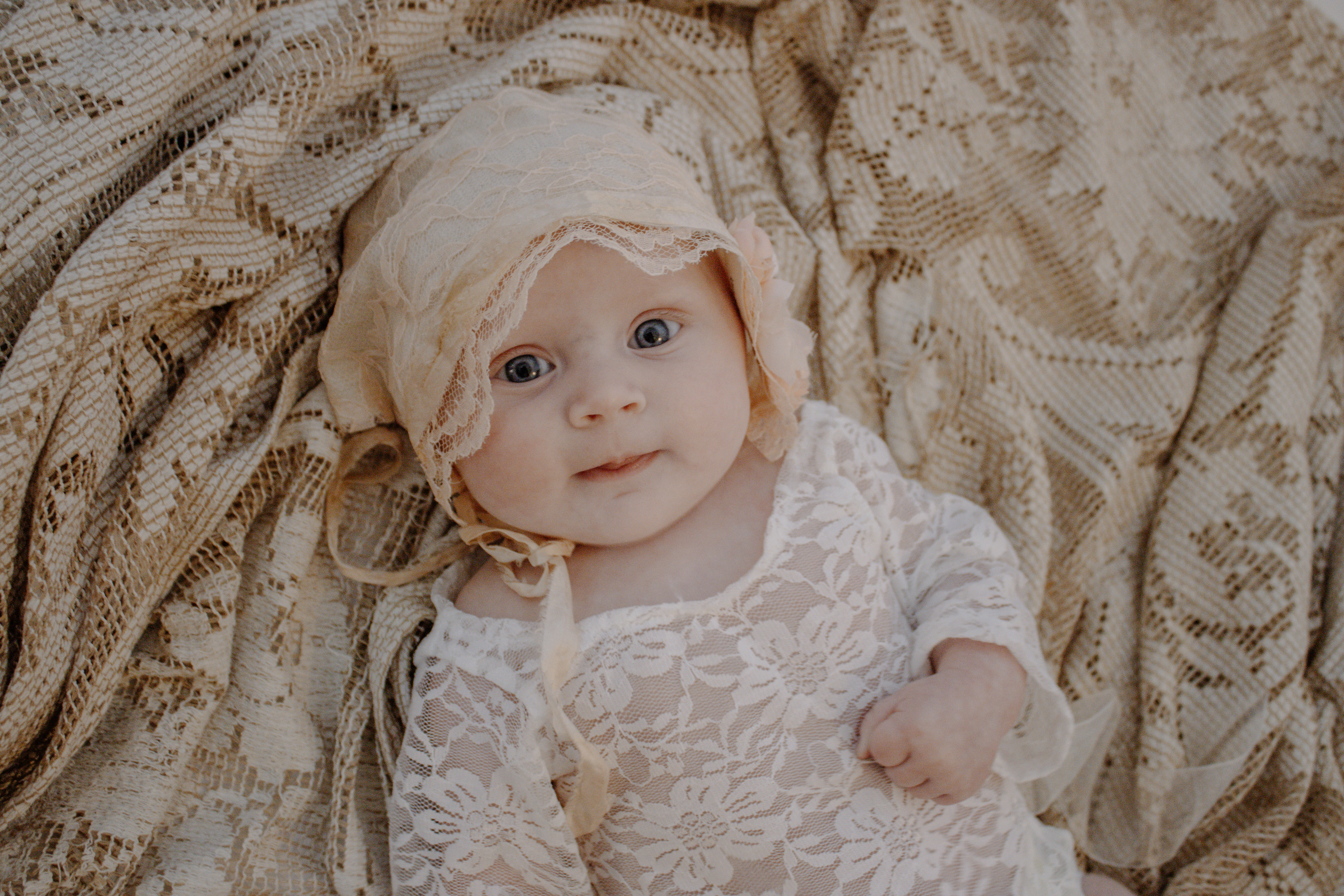 newborn portrait, baby in white lace outfit